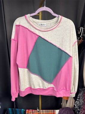 MACARON Pink and Teal Colorblock Crewneck Sweater